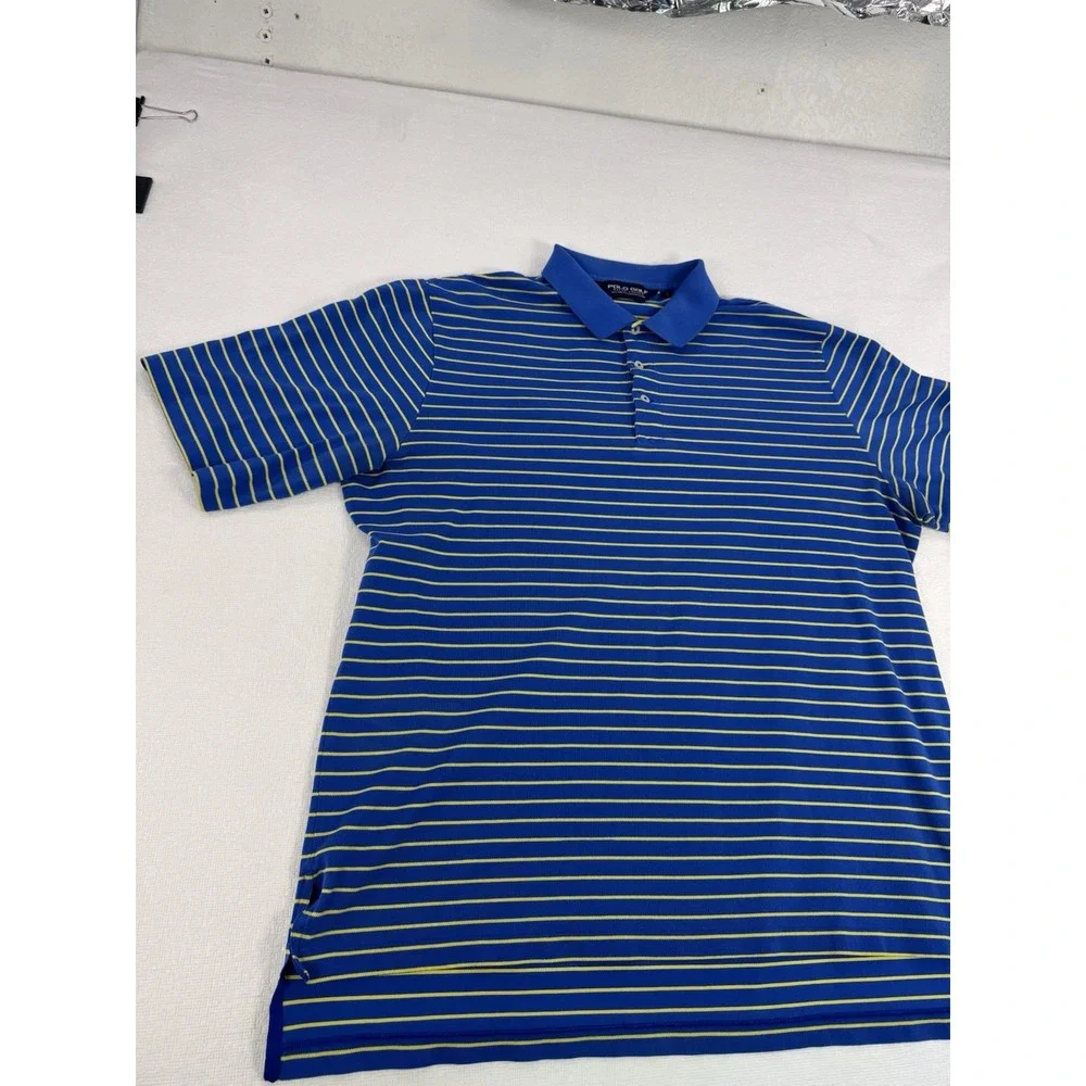 Polo Golf Ralph Lauren Mens Large Blue Yellow Striped Pima Cotton Polo Shirt